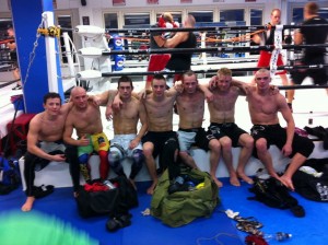 Silander (3rd from right) and Salovaara (4th from right) with GB Gym and FinnFighters Gym fighters after a sparring session at the GB Gym in Helsinki