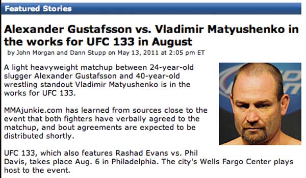 Alexander Gustafsson vs. Vladimir Matyushenko in the works for UFC 133 in August