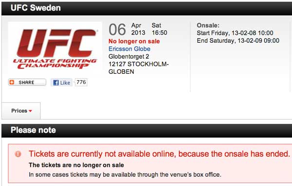 UFC in Sweden Tickets Sold Out Again