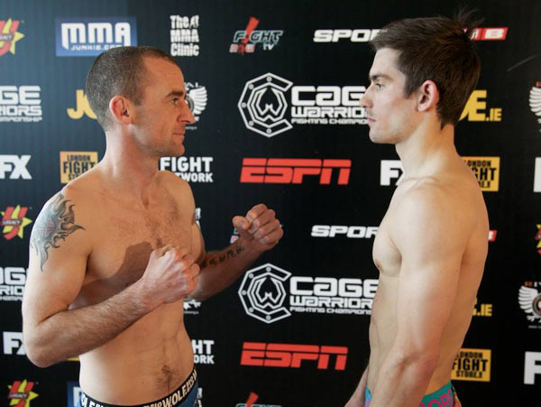 Neil Seery (left) and Mikael Silander (right) at today's weigh-ins | (Copyright: Dolly Clew | Cage Warriors) 